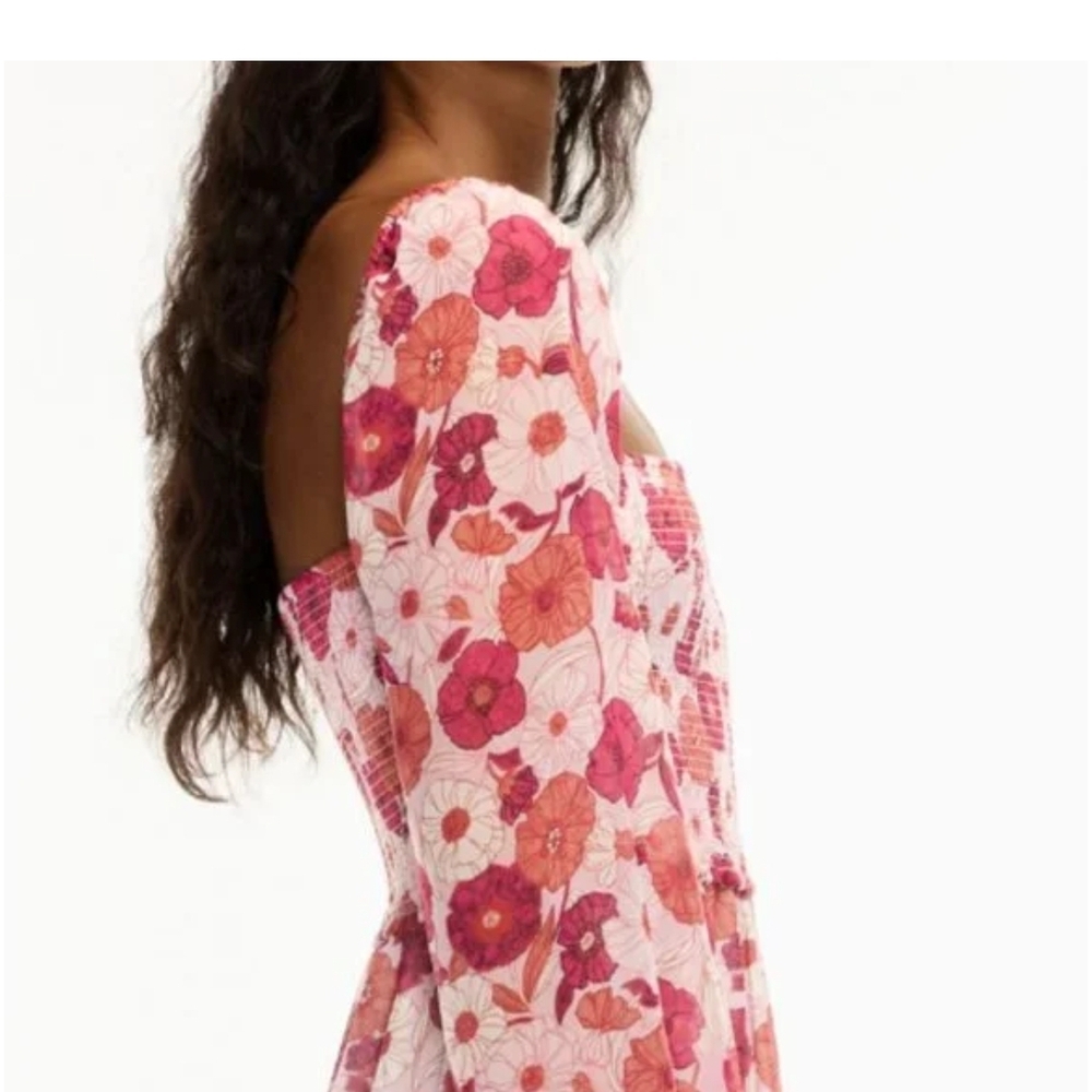 Wilfred Aritzia Artesia Smocked Pink Poppy Floral Boho Cottagecore Mini Dress M - Picture 3 of 16